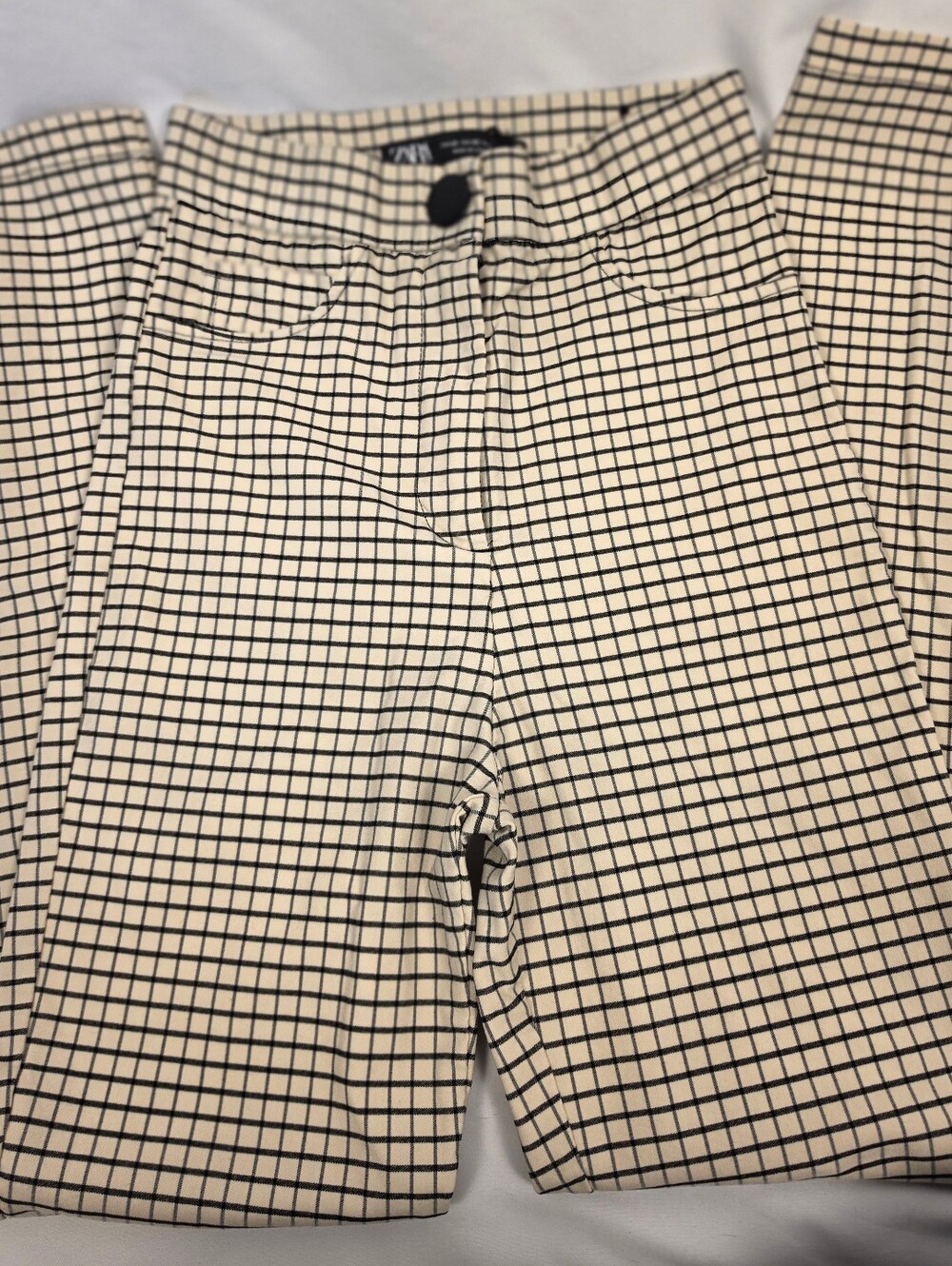 ZARA Womens High Rise Leggings Pants Black Off White Grid Check Plaid Size XS